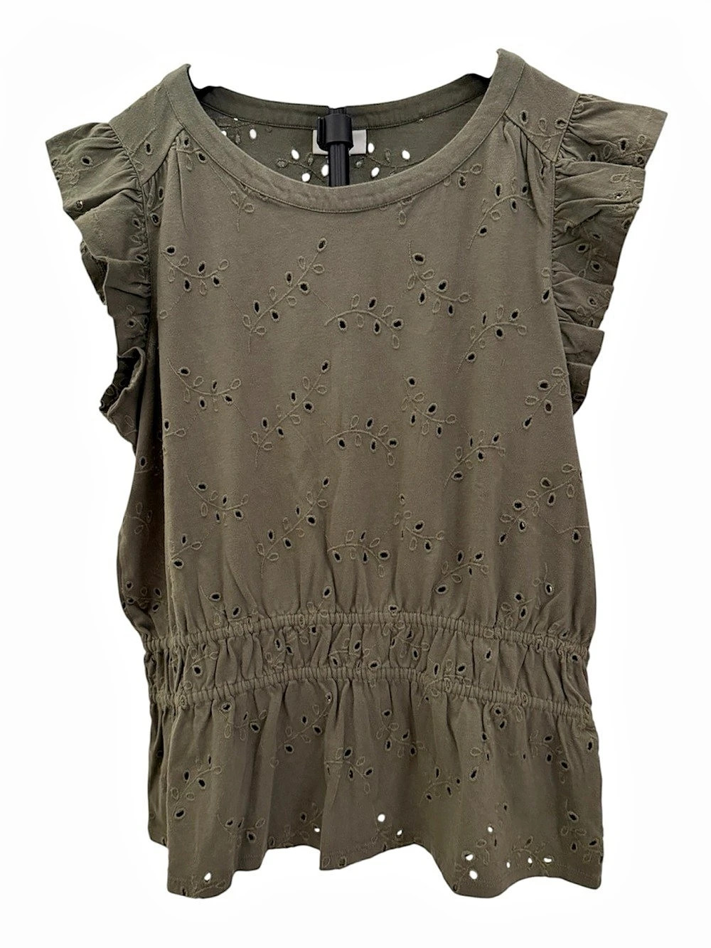 J.Jill Eyelet Ruffle-Sleeve Smocked Waist Top Green Large NWT